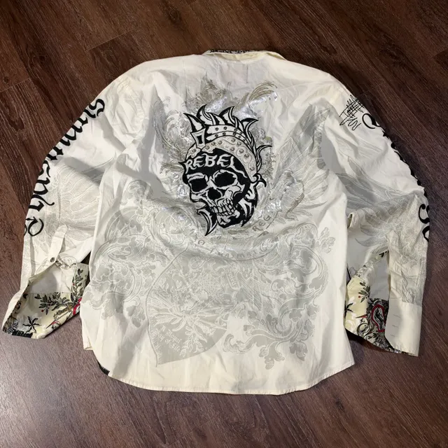 Rebel Spirit Long Sleeve Button Down Shirt Size XL White Graphic Skull