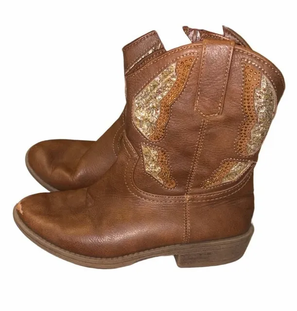 Madden Girl Brown Cognac Glitter Western Cowboy Boots Kids Size 13