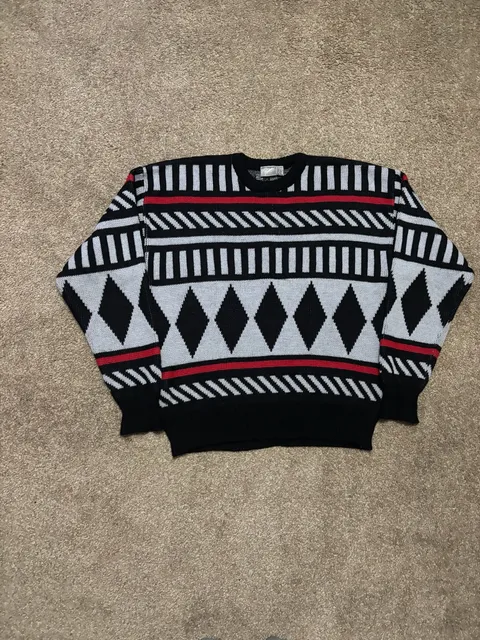 1990s Prima Sweater Size XL Black Red White Patterned Vintage