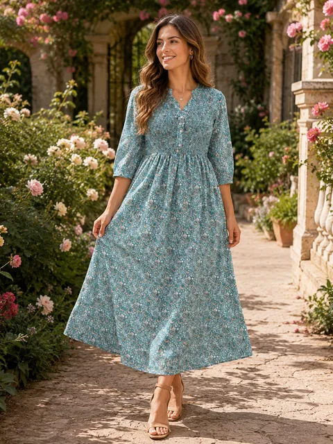 Floral Smocked Bodice Maxi Dress V Neck 3/4 Sleeve Cottagecore Boho Small