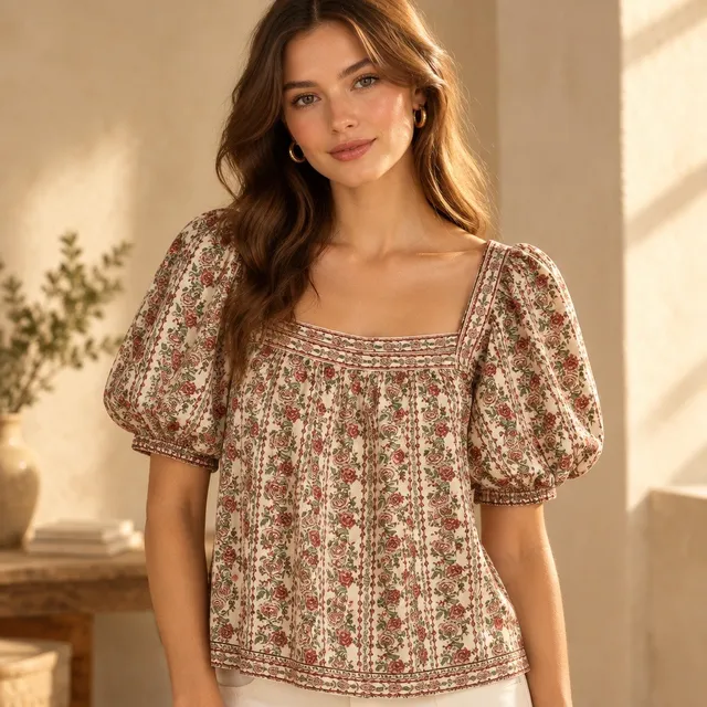 Max Studio Square Neck Top Size XL Floral Puff Sleeve