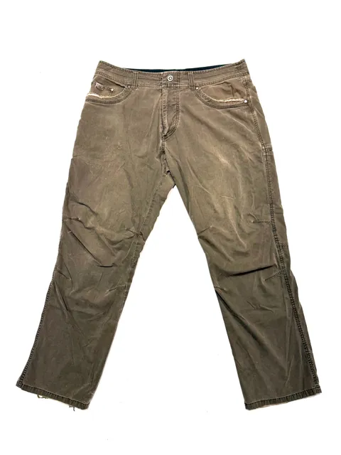 Kühl Men's Revolvr Pants Size 36x32 Gorpcore Workwear Utility Distressed Heritage Vintage Patina Dye Brown Olive Hiking Stretch Articulated Knee Carpenter Quick Dry As Is Needs Repair