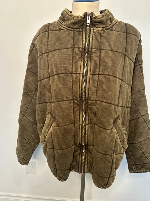Free People Quilted Zip Jacket XL Olive Green Distressed