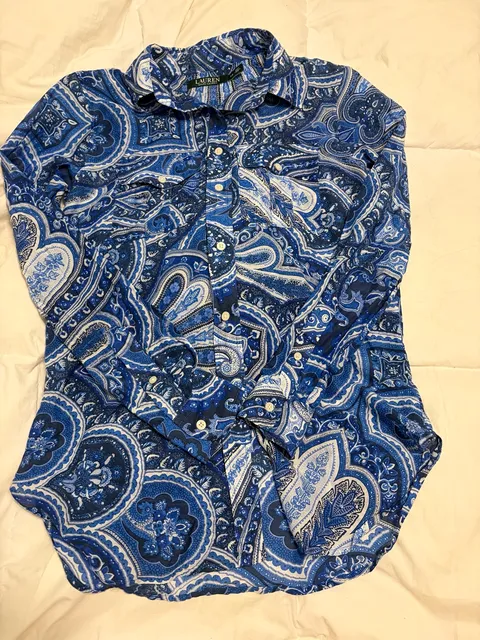 Ralph Lauren Paisley Office Button-Down Shirt Size XS Blue Cotton Silk 