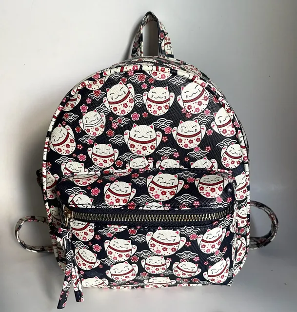 Under One Sky Maneki Neko Lucky Cat Print Mini Backpack Black