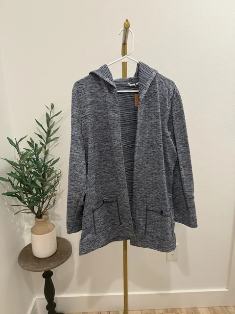 Kim Rogers Curvy Cardigan Size 1X Blue Hooded Pockets Open Front