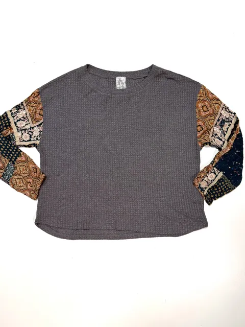 Sadie & Sage Women's Top S Boho Western Cottagecore Cowgirl Patchwork Gray Waffle Knit Thermal Paisley Floral Mixed Print Rayon Sleeves Long Sleeve Crew Neck Lace Patch Boxy Oversized