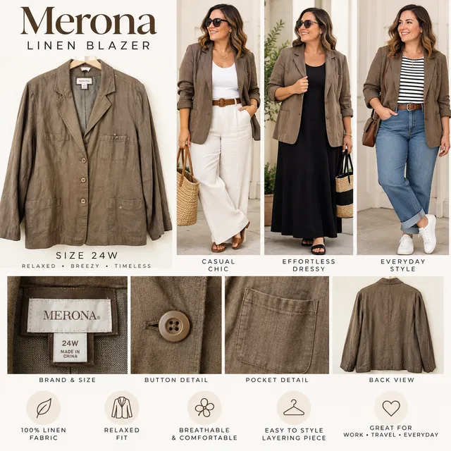 Merona Blazer Size 24W Brown Linen Pocket Jacket