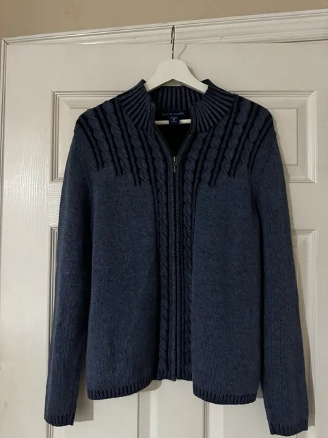 Karen Scott Full Zip Sweater Size M Blue Cable Knit