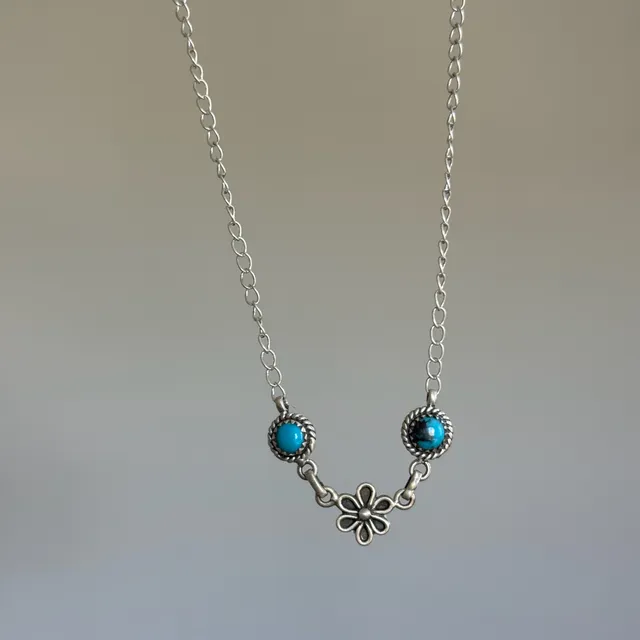 Kingman Turquoise Floral Silver Necklace