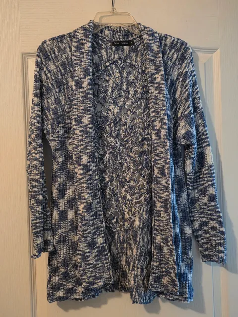Beautiful Casual Express Open Cardigan Size XL Blue White Lurex Crochet Back