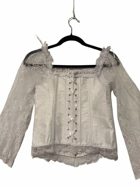 White Lace Corset Top With Long Bell Sleeves