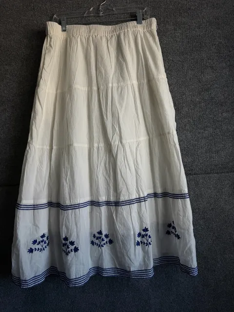 Pomegranate Tiered Midi Skirt Size L White Blue Embroidered