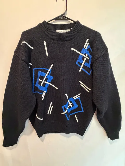 Nicolas Sweater Size L Black Blue Geometric 80s Vintage Acrylic
