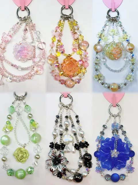 6 pieces of Handmade beaded flower phone charms