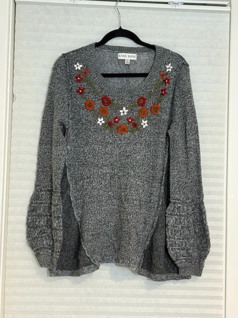 Knox Rose Floral Embroidered Sweater Size M Gray Acrylic Nylon