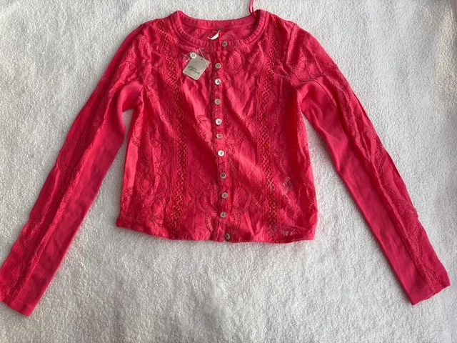 Free People Cardigan Size M Pink Lace Trim Long Sleeve