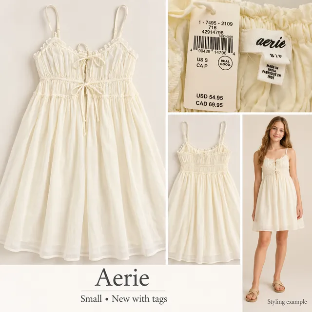 Aerie Tie Front Mini Dress Small Cream Pale Yellow Ruffle Sundress NWT
