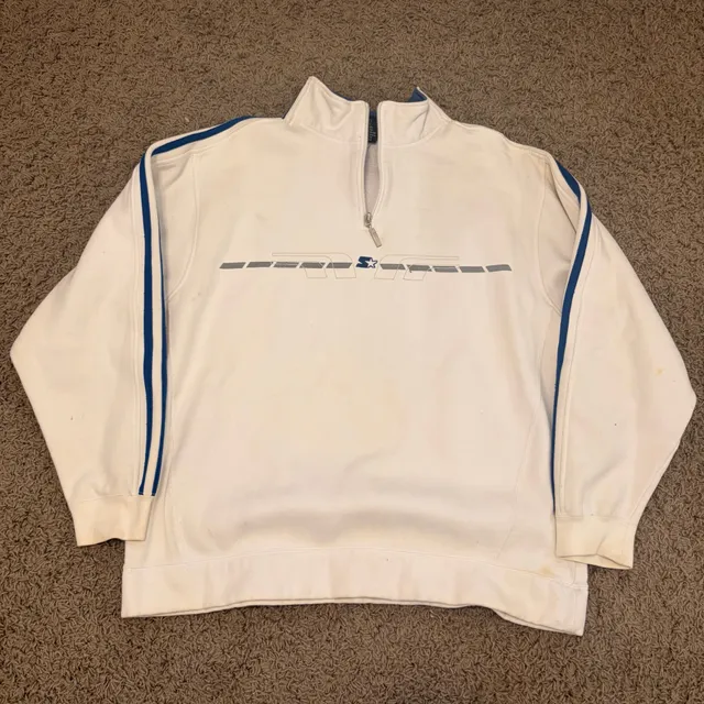 Starter Half Zip Pullover Sweatshirt Size M White Blue Piping