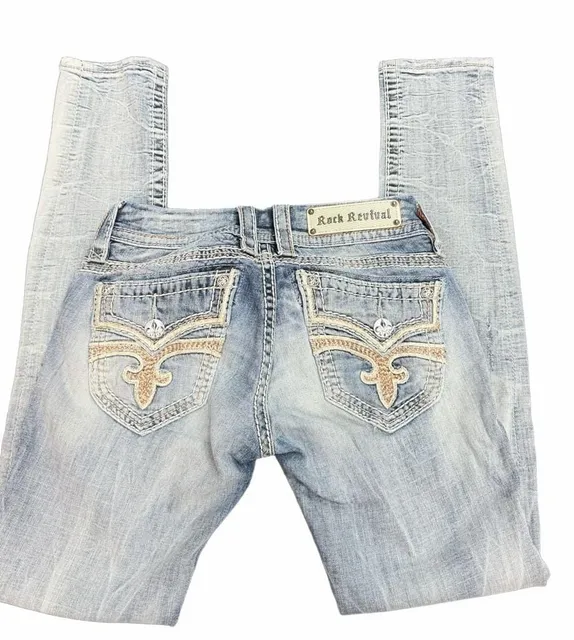 Y2K patched Rock Revival Skinny Jeans Size 27 Distressed Denim