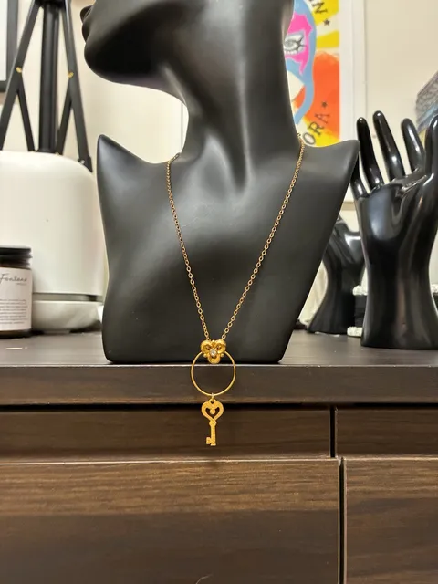 Upcycled Stainless Steel Key Pendant Gold Tone Necklace Rhinestone