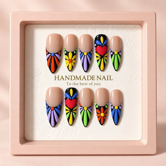 Reusable Colorful Floral Press On Nails Size M Almond Heart 10pc Set #005