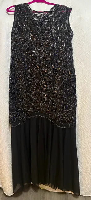Evening Sequin Beaded Dress Size 1X Black Sleeveless Chiffon