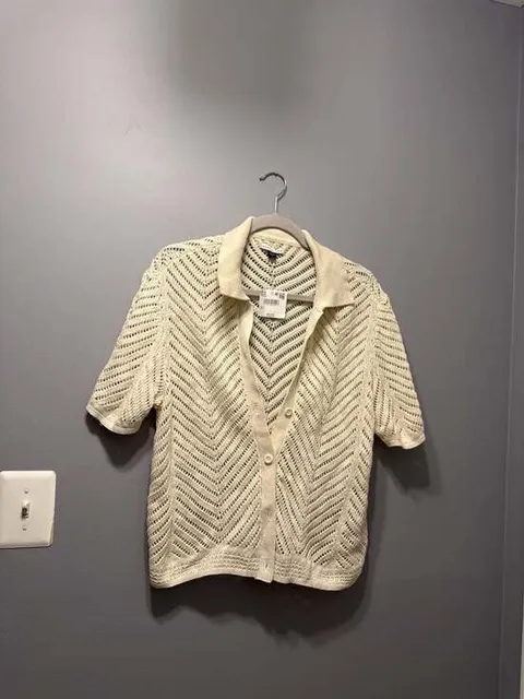 American Eagle Chevron Open-Stitch Short-Sleeve Polo Cardigan
