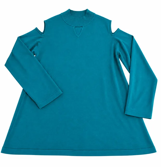 Susan Graver Cold Shoulder Mock Neck Sweater Size 2X Teal Blue Long Sleeve