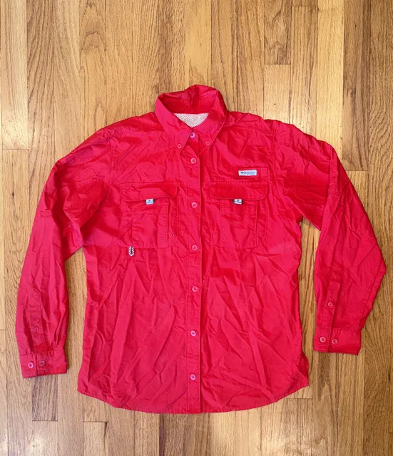 Columbia PFG Bahama II Women's Red Fishing Shirt Roll Tab Long Sleeve Small