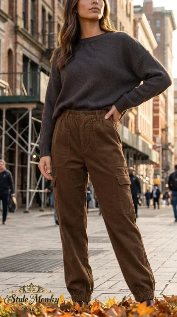 Vintage Corduroy Cargo Pants 28x32 Brown High Waist Cuffed Hems