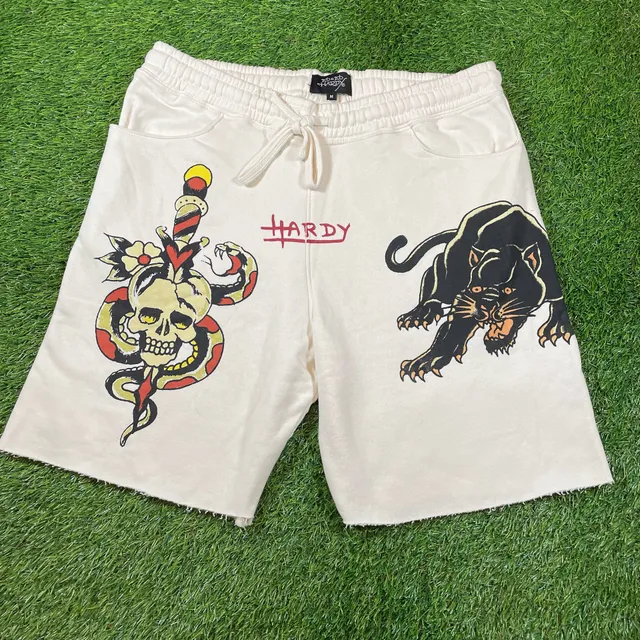 Ed Ed Hardy Sweat Shorts Size M White Tattoo Skull Panther