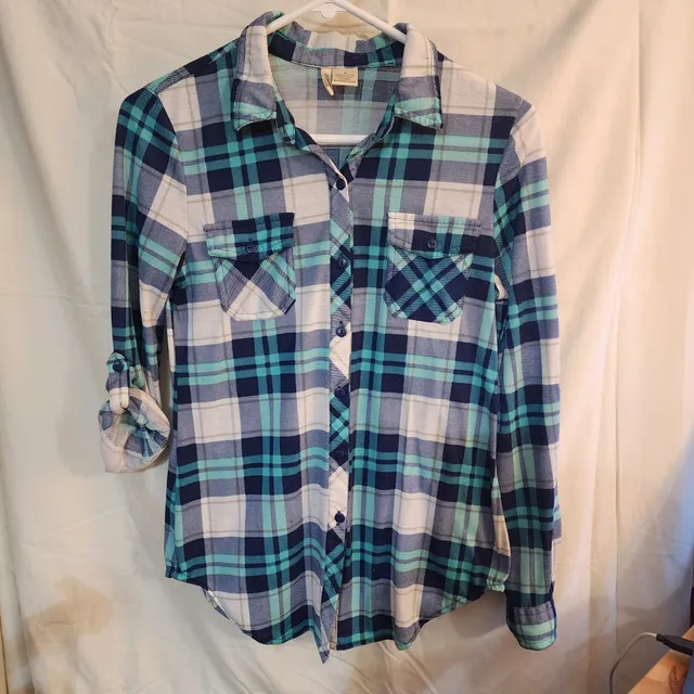 Passpirt Plaid Button Up Shirt Size S Blue Teal White women's