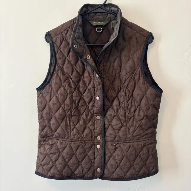 Eddie Bauer Quilted Goose Down Vest Size L Brown Embroidered