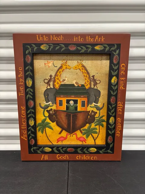 Vintage Hand Painted Folk Art Noah's Ark Wood Framed Wall Art