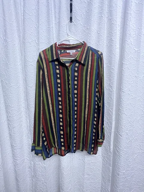 Serengeti Colorful Striped Tunic Top L Button Up Boho Artsy Casual