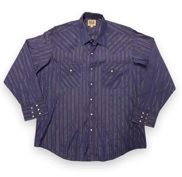 Ely Cattleman Western Shirt Size 17 34 Purple Metallic Striped Snap