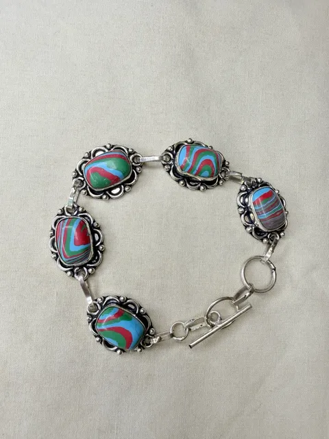Artisan Sterling Silver 925 Multi Color Swirl Stone Toggle Bracelet