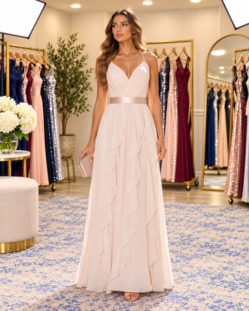 Blush Pink Chiffon Ruffle V-Neck Formal Bridesmaid Evening Gown Size 8