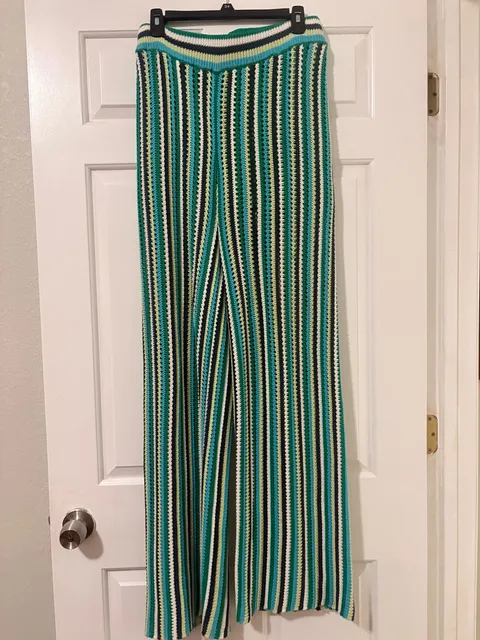 Intempo Crochet Pants Size S Green Striped Knit Wide Leg