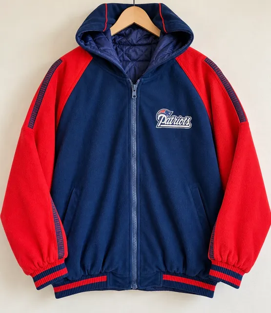 Vintage 90s New England Patriots Reversible Jacket XL NFL Red Blue Hooded