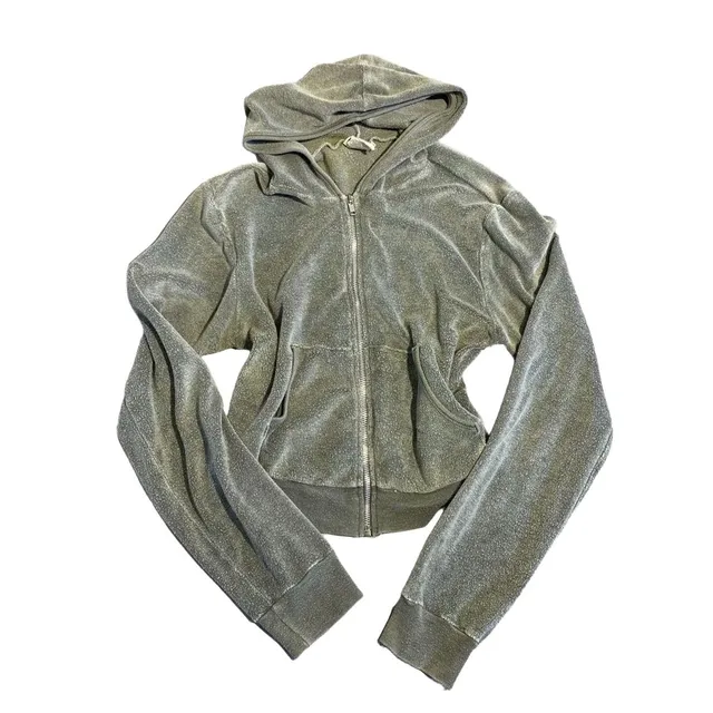 Velour Zip Up Hoodie Size M Green Cropped Long Sleeve