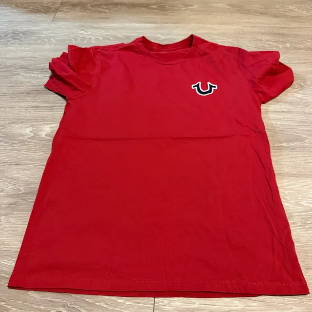 True Religion T-Shirt Size Small Red Buddha Guitar Logo Graphic