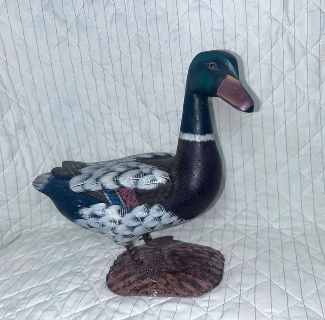 Hand Carved Wooden Mallard Duck Figurine Decoy Hand Painted Glass Eyes