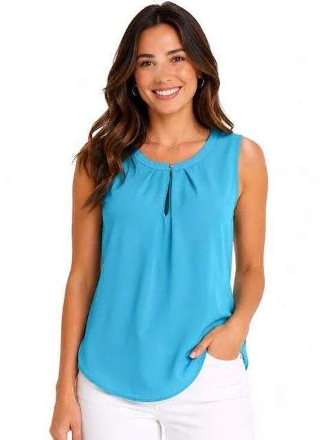 New York & Company Turquoise Keyhole Pleated Sleeveless Shell Small