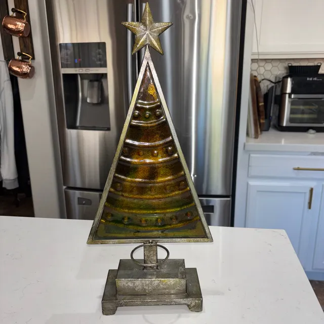 Rustic Metal and Painted Glass Christmas Tree Candle Holder 20”