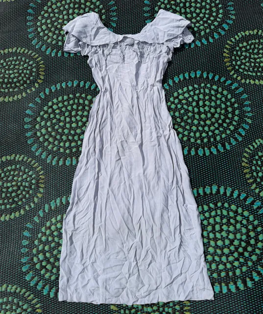 Styleworks Maxi Dress Size 14 Blue Rayon Lace Trim Ruffle Neck