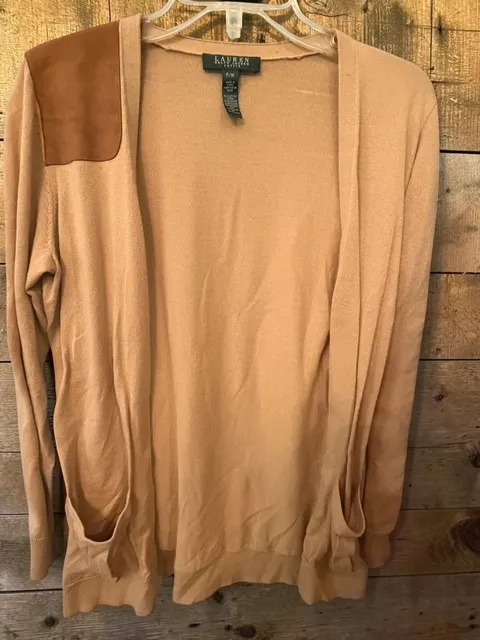 Lauren Ralph Lauren Cardigan Size P/M Tan Cotton Patch