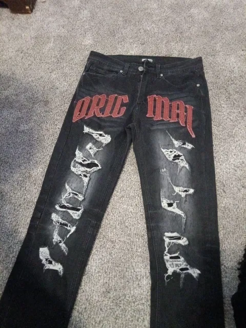 Encrypted Slim Fit Jeans Size 30 Black Distressed Graphic Denim