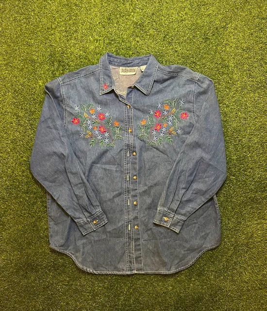 Vintage 1990s Lauren Brooke Embroidered Denim Shirt Size XL Blue